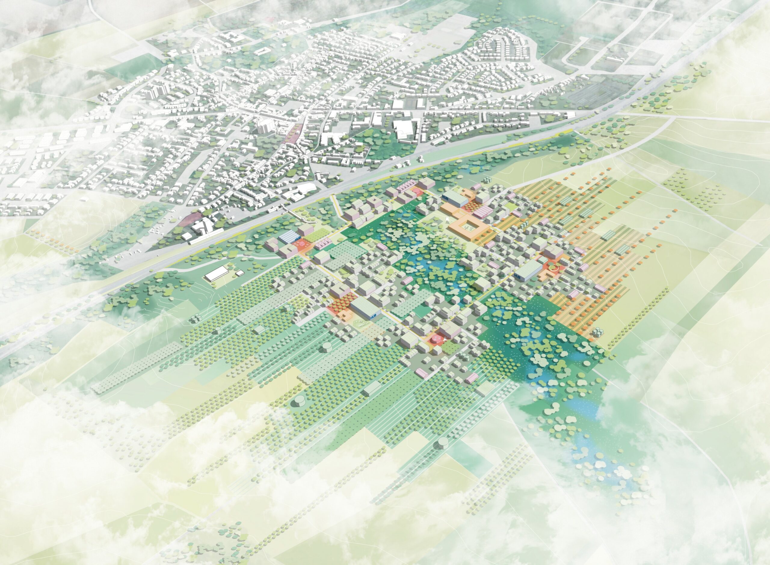 Staedtebaulicher-Planungswettbewerb-Juechen-Sued-Aufsicht-schraeg-Illustration-Octagon-Architekturkollektiv-mit-studio.erde-092023-scaled